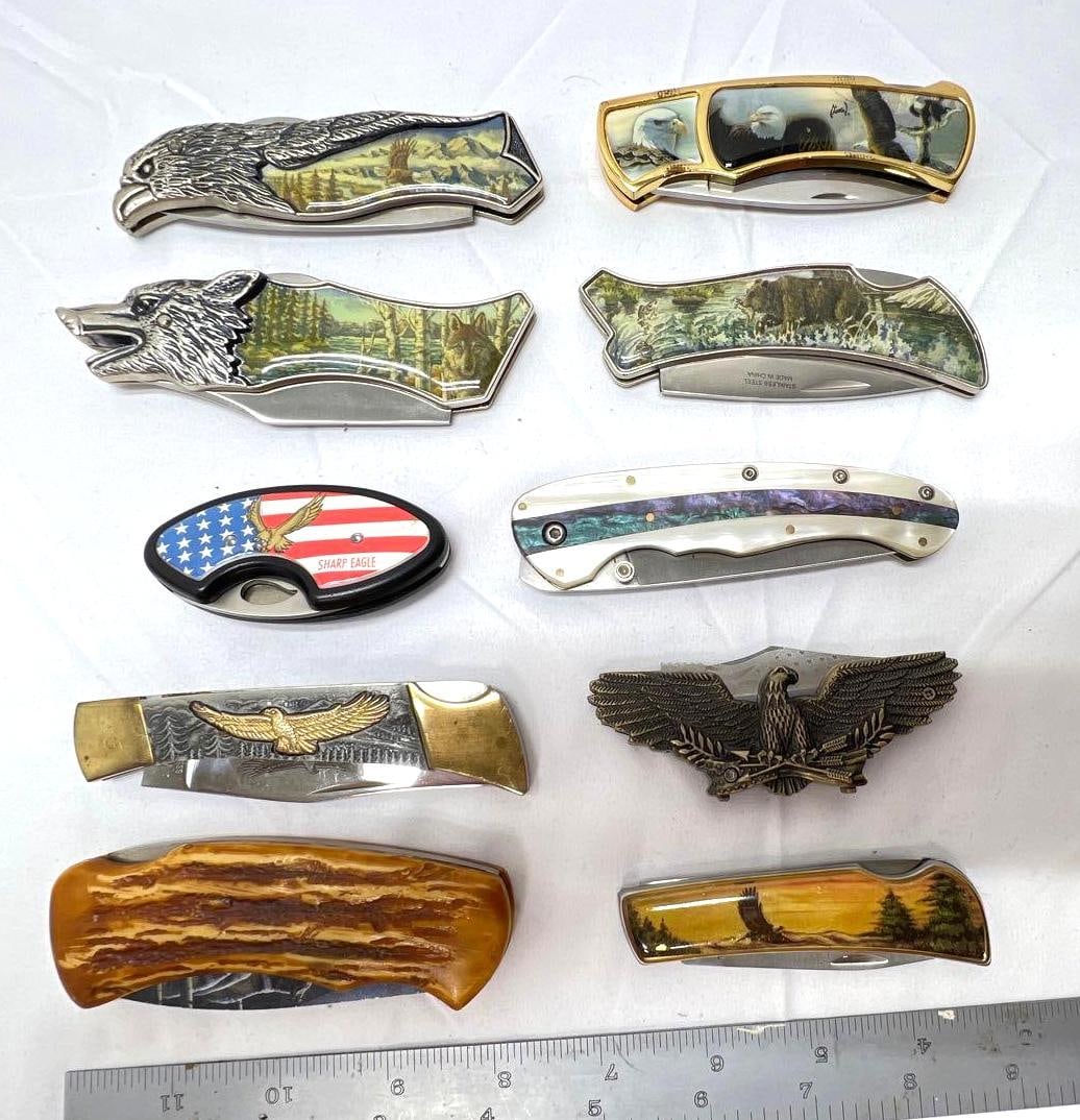Ten pocket knives lock backs eagles Al Agnew Wild Outdoor: Ten pocket knives; lock backs, eagles, Al Agnew, Sharp Eagle, Wild Outdoor, others marked Stainless Steel Made in China. Knives are new, knives have been displayed and opened/handled. None have been u