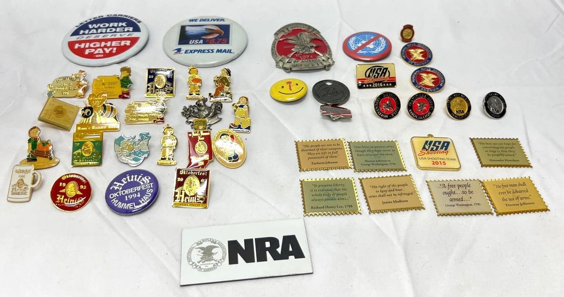 Forty One NRA Hummel Pins and Magnets: Forty One NRA Hummel Pins and Magnets. 20- Hummel Oktoberfest pins, 14-NRA National Rifle Association Pins and 7-Magnets. All pins are pre-owned but are in excellent condition. Please view the photos 