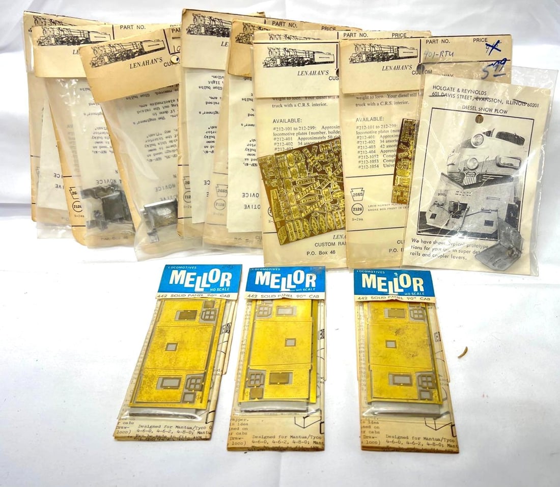 HO Scale Mellor Lenahan's Custom Railway Supply detail dress up kits: HO Scale three Harold Mellor No. 442 Solid Panel 90" cab, conversion kits. Nine Lenahan's Custom Railway Supply detail dress up kits, five 1054 Interior for hood type road diesel locomotives a