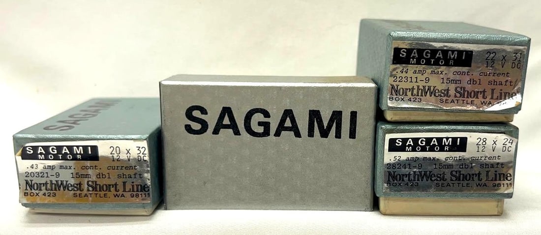 HO Gauge Sagami can motors NOS in boxes NorthWest Short Line: HO Gauge Sagami/NorthWest Short Line can motors NOS New Old Stock, never used in original boxes. 20320-9 25mm single shaft Towers-Robinson Special 20x32, 20321-9 15mm dbl shaft 20x32, 22311-9 15mm dbl