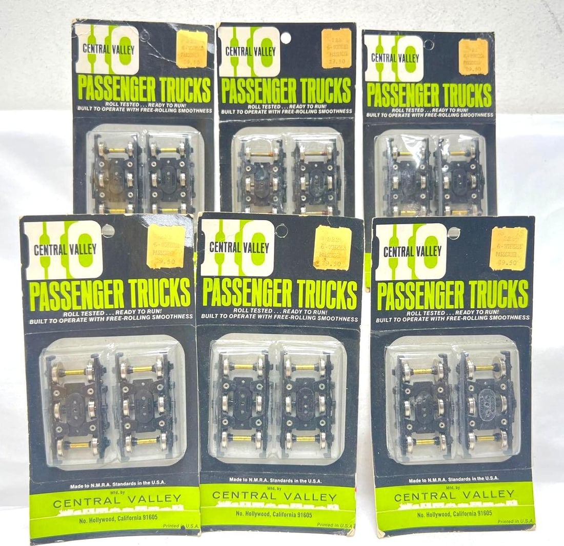 HO Gauge Central Valley 222 6-Wheel Passenger Trucks MOC six pairs: HO Gauge Central Valley; 222 6-Wheel Passenger Trucks, MOC Mint On Card, six pairs total. Cards show some light wear, age, price stickers. Please view the photos of the items in this lot carefully as 