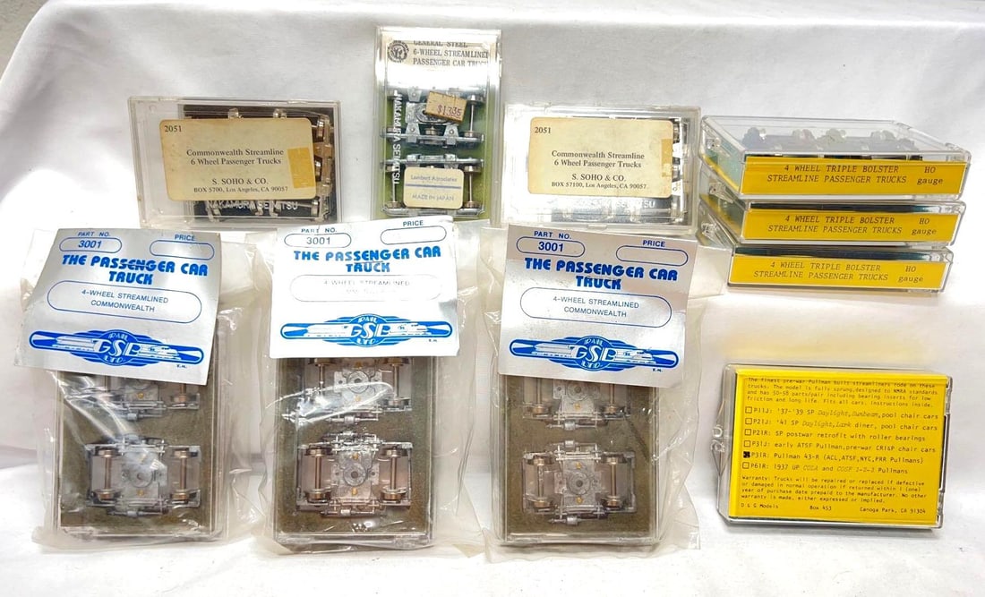 HO Gauge GSB Rail D&G Models S. Soho Lambert 4 & 6 wh passenger NIP: HO Gauge: GSB Rail; three 3001 4-wheel streamlined Commonwealth, D&G Models; four P31R Pullman 43-R, S. Soho two 2051 Commonwealth streamline 6 wheel passenger, Lambert General Steel 6-wheel strea