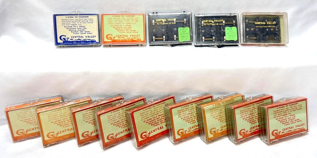HO Gauge Fourteen pairs Central Valley 4-wheel pass trucks NIP: HO Gauge Fourteen pairs Central Valley 4-wheel passenger trucks NIP, New In Package/never installed. One T-25, six T-31, five T-39 and two 225. Please view the photos of the items in this lot carefull