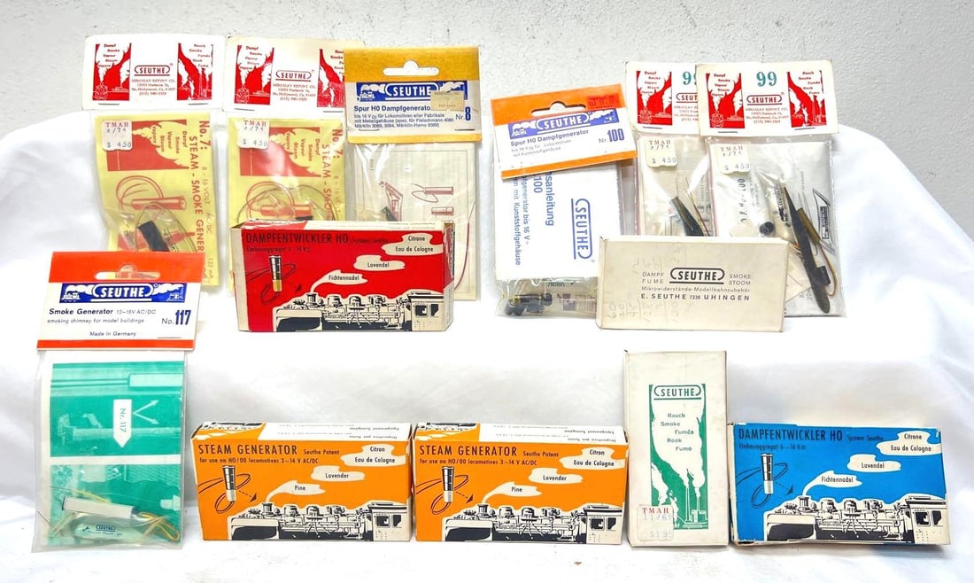 Thirteen HO and larger Gauge Seuthe steam generators in packages: Thirteen HO and larger Gauge Seuthe steam generators in packages. Two No. 7, one No. 8, four No. 99, two No. 100 two No. 117, NIP New In Package, never installed. Also one No. 99, opened but appears c