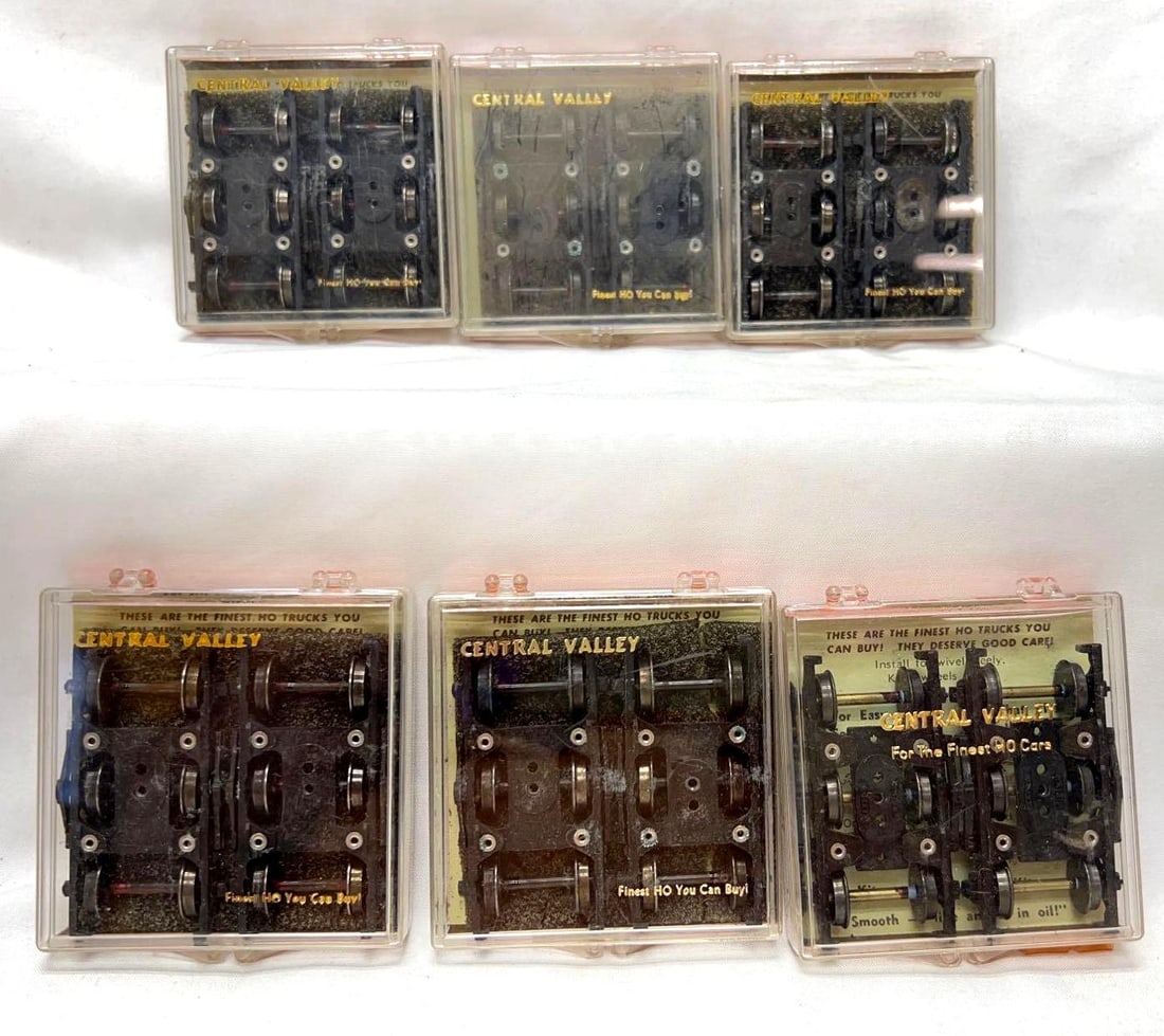 HO Gauge Six Central Valley T-22 6-wheel passenger trucks NIP: HO Gauge Six Central Valley T-22 6-wheel passenger trucks NIP, New In Package, never installed or run. Please view the photos of the items in this lot carefully as they are being sold as they are show