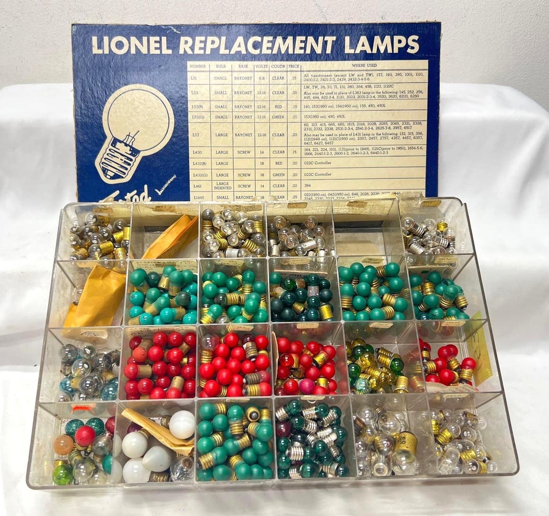 Hundreds of Lionel replacement lamps clear white red green: Hundreds of Lionel replacement lamps clear, white, red, green, amber, blue. Round, conical, oblong, dimpled (revolving beacons), etc. Screw type, bayonet, slotted. Some are used, some may be original 
