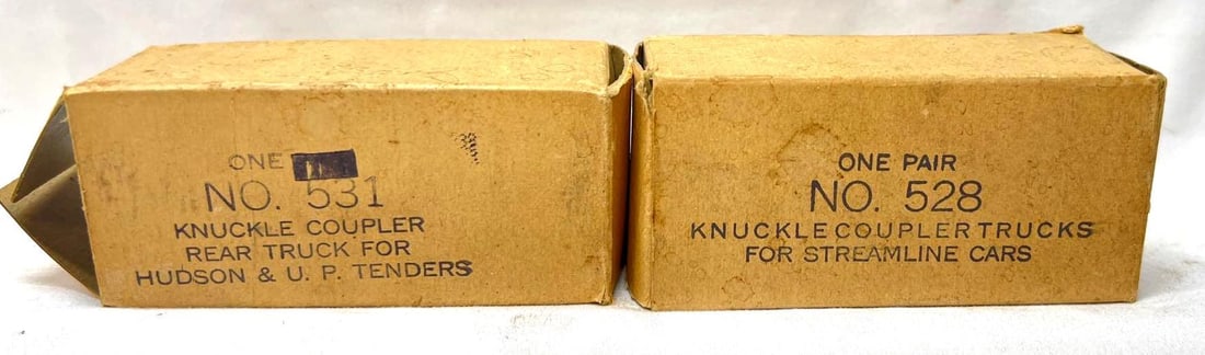 Prewar American Flyer O/Narrow Gauge 528 531 trucks in box: Prewar American Flyer O/Narrow Gauge 528 Knuckle Coupler Trucks for Streamline Cars and 531 Knuckle Coupler Rear Truck for Hudson & UP Tenders in original boxes with original instructions sheets.