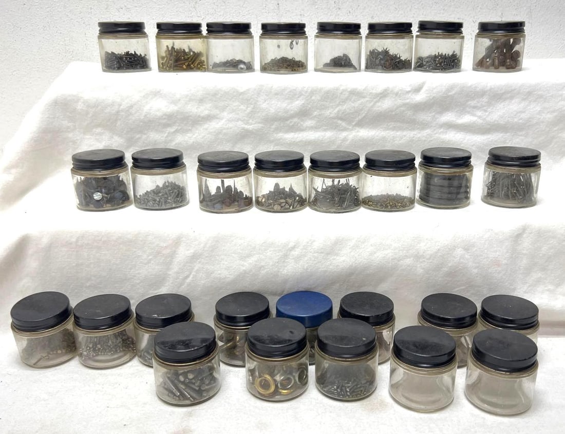 Twenty-seven glass jars of tiny screws nuts bolts various fasteners material (1 of 9)
