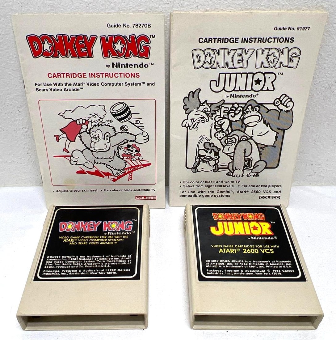 Two Atari Game Cartridge Donkey Kong And Donkey Kong Junior: Two Atari Game Cartridge Donkey Kong And Donkey Kong Junior. Instruction books included. Games are untested. No Box. Please view the photos of the items in this lot carefully as they are being sold as