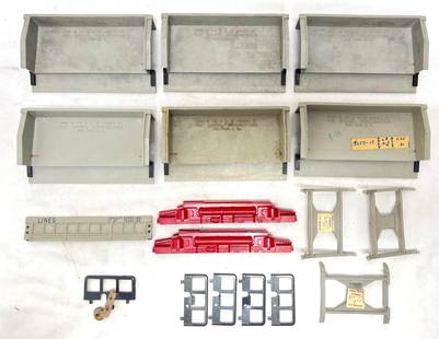 Postwar Lionel O Gauge 3359 dump bins cradles more: Postwar Lionel O Gauge parts for 3359 twin bin dump car: 3359-17 dump bins (two R.H. four L.H.), three 3361-5 lift cradles, more. Parts in this lot appear to be used. Please view the photos of the ite