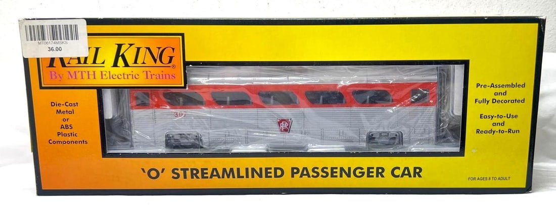 Modern MTH Rail King O Gauge 30-6174 Pennsylvania Aerotrain: Modern MTH Rail King O Gauge 30-6174 Pennsylvania Aerotrain coach car #307, C8 light run time in original box with instructions. Box shows some minor wear to some corners and edges. Box is clean, squa