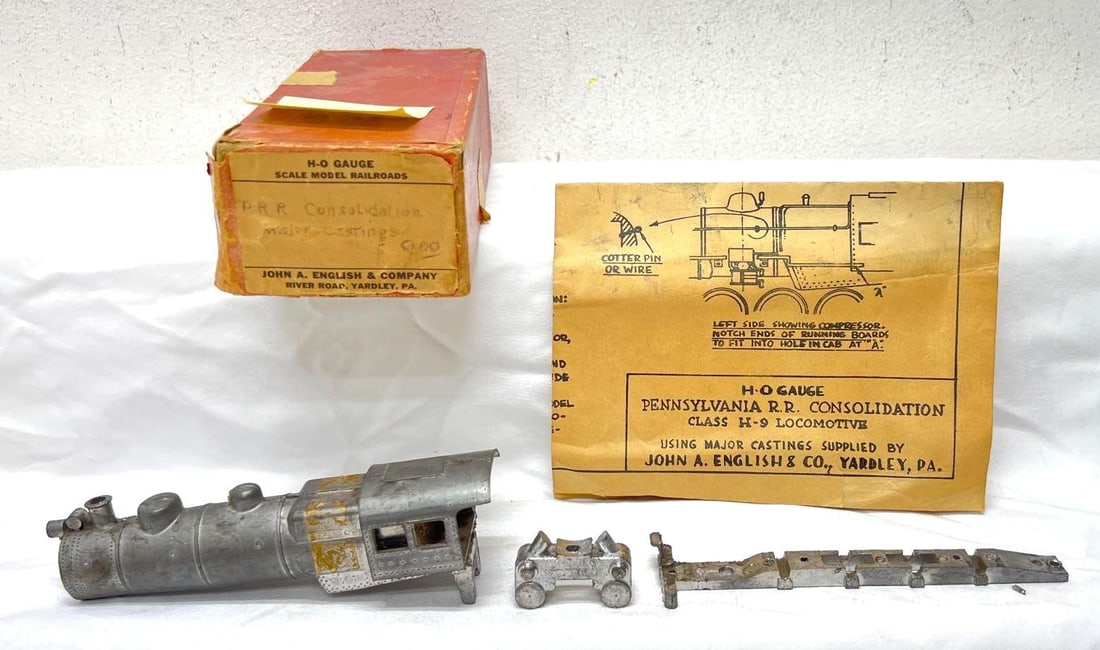HO Scale John A English PRR Consolidated unass: Full HO Scale John A English; P.R.R. Pennsylvania unassembled Consolidated locomotive kit in original box with instructions and loose parts. Kit may or may not be complete. Box has some wear and maski