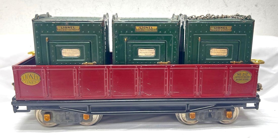 Prewar Lionel Standard Gauge 212 Wine gondola w/three 205: Prewar Lionel Standard Gauge 212 Wine Gondola all brass trim with three 205 Freight Containers. Brake wheels and shafts are reproductions, otherwise train looks high C6. One container has chains with 