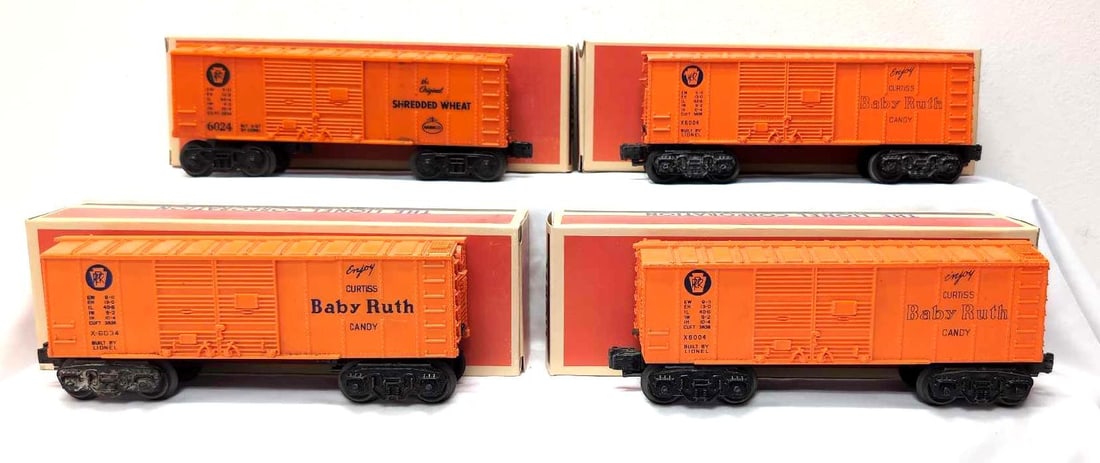 Postwar Lionel O Gauge X6004 X6004 X6024 X6034 box car: Postwar Lionel O Gauge X6004 PRR Pennsylvania Baby Ruth box car 9missing catwalk end, chipped catwalk end, chipped lower corner of body), X6004 PRR Pennsylvania Baby Ruth boxcar (chipped catwalk end),