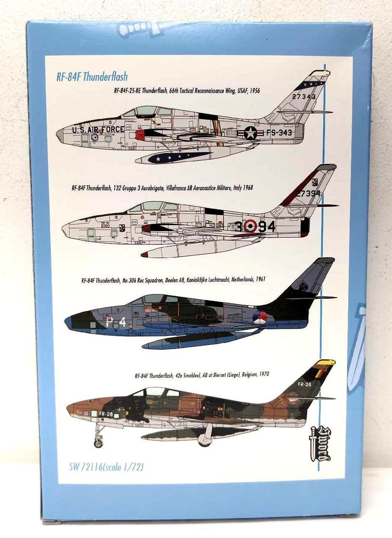 Sword 1:72 SW72116 RF-84F Thunderflash unbuilt kit in original box: Sword 1/72nd scale SW72116 RF-84F Thunderflash, unbuilt kit in original box. This is an open box, sealed bag kit with all parts accounted for and an original instruction sheet and other literature, as