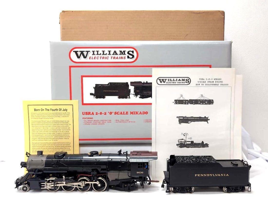 Williams 6102 PRR USRA 2-8-2 Mikado 2-Rail: Modern Era Williams O Gauge 6102 Pennsylvania PRR USRA 2-8-2 Mikado steam locomotive and tender, 2-Rail C8 with run time on wheels. Box shows little wear, shipper shows little wear.