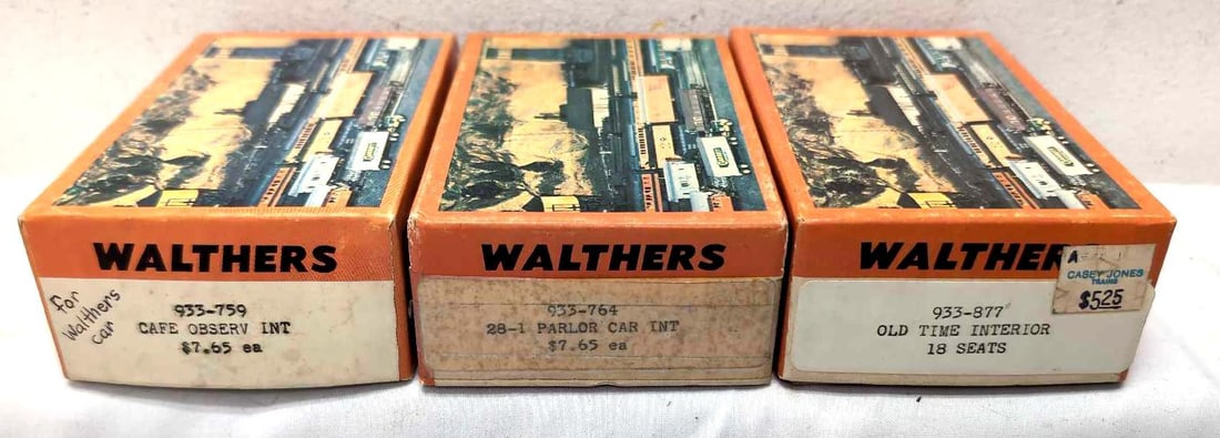Walthers O Scale passenger interiors 759 764 877: Walthers O Scale passenger car interiors 933-759 Caf? Observation car, 933-764 28-Parlor car and 933-877 Old Time Interior 18 seats. 933-764 includes additional Chooch Enterprises detail trim in origi