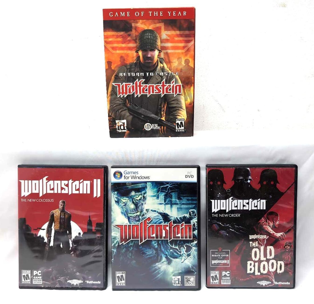 Four Wolfenstein PC Games: Four Wolfenstein PC Games. This lot includes, 2002, Wolfenstein Return To Castle, 2017 Wolfenstein 2 The New Colossus, 2009 Wolfenstein, 2015 Wolfenstein The New Order and Wolfenstein The Old Blood. C