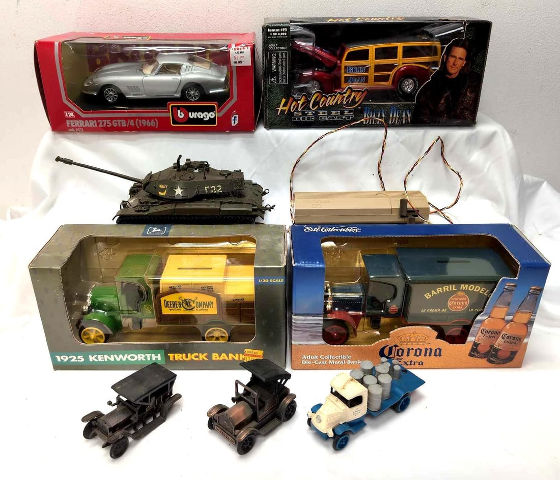 Mixed Lot Of Die Cast Ertl Banks Pencil Sharpeners Racing Champions Burago and More: This lot includes, Burago 1:24 scale 1966 Ferrari 275 GTB/4, Racing Champions Hot Country Billy Dean, Ertl Die Cast Bank, Ertl John Deere 1952 Kenworth Bank, 1905 Rolls Royce Pencil sharpener, 1917 Me