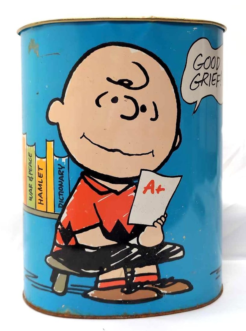 Vintage 1969 Peanuts Snoopy Charlie Brown Metal Trash Can Waste Basket Cheinco (1 of 7)