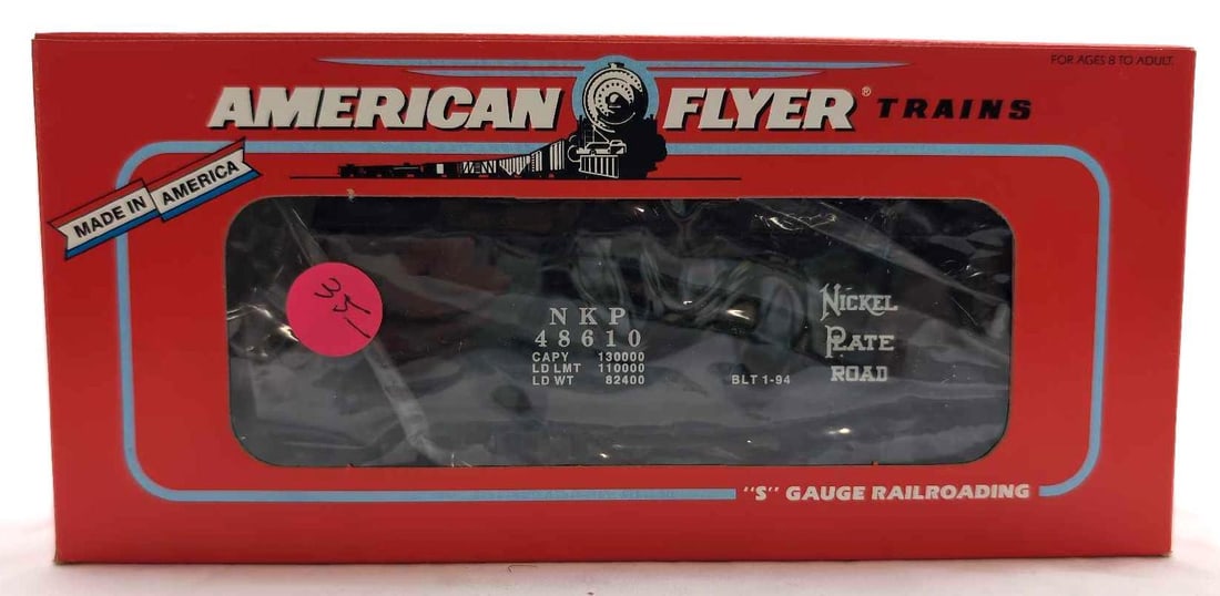 Modern American Flyer S Gauge 48610 Nickel Plate Road covered hopper in box: Modern Era American Flyer S Gauge 48610 Nickel Plate Road NKP covered hopper in original box, unrun C9-10. Box shows little wear, price stickers, very square and solid.