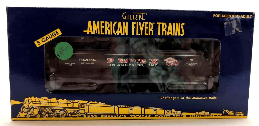 Modern American Flyer S Gauge 48418 Protex 3-D tank in original box: Modern Era American Flyer S Gauge 48418 Protex three dome tank car in original box, unrun C9-10. Box shows little wear, couple strips of clear tape, price sticker, very square and very solid.