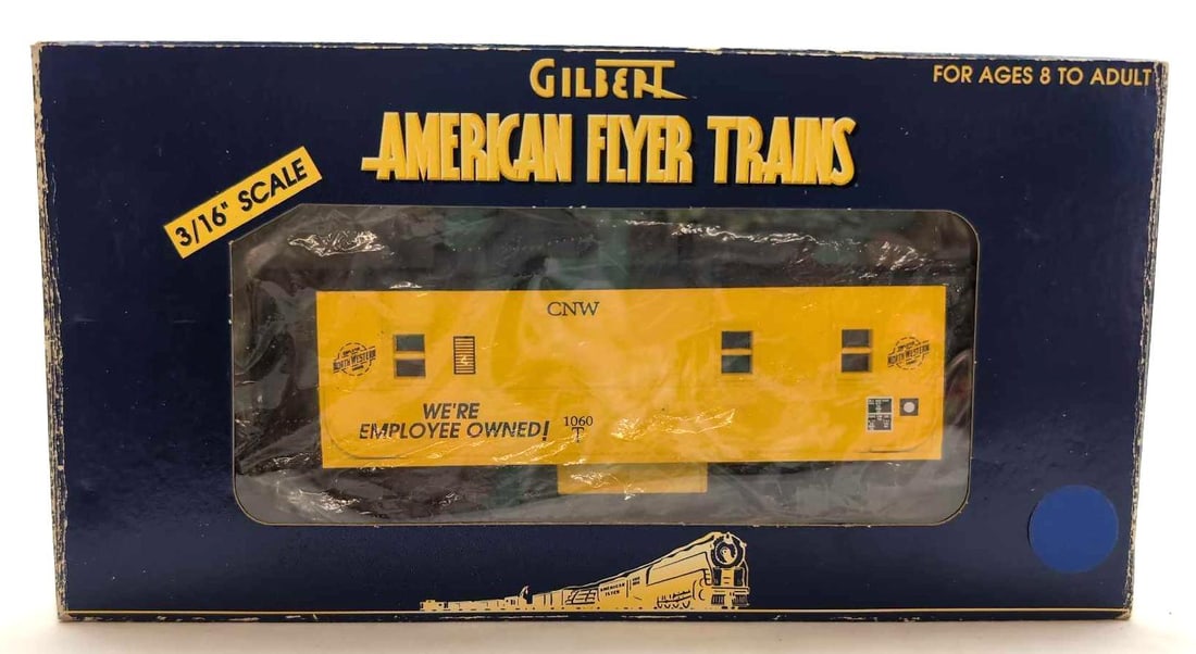 Modern American Flyer S Gauge 48718 C&NW illuminated caboose in box: Modern Era American Flyer S Gauge 48718 Chicago and North Western C&NW illuminated caboose in original box, C8 run time. Box shows some light surface wear to flap folds and edges, price/inventory 
