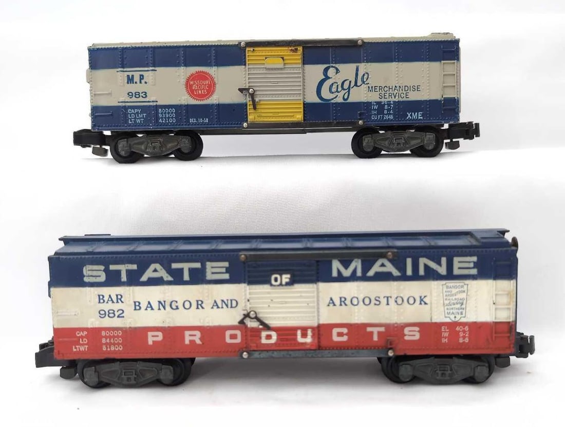 Postwar American Flyer S Gauge 982 BAR 983 MP boxcars: Postwar American Flyer S Gauge 982 BAR Bangor & Aroostook State of Maine and 983 MP Missouri Pacific boxcars. 983 has finger prints of surface rust on upper door guides touched up with paint, otherwis
