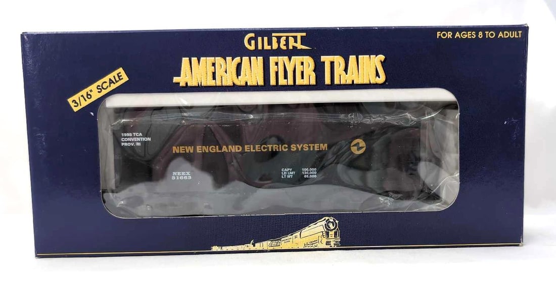 Modern American Flyer S Gauge 48208 1998 TCA NES hopper in box: Modern Era American Flyer S Gauge 48208 1998 TCA New England Electric System NES two-bay hopper with coal in original box, train looks unrun C9-10. Box shows little wear, very bright, clean, square an