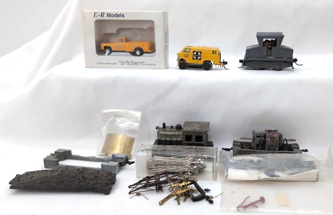HO Ga C&NW pickup Chevy van center cab switcher: HO Gauge E-R Models C&NW maintenance pickup, custom made Chevy van powered unit, center cab switcher locomotive, Penn Line 0-4-0 diesel switcher, powered 4 wheel Athearn diesel loco chassis, unmarked