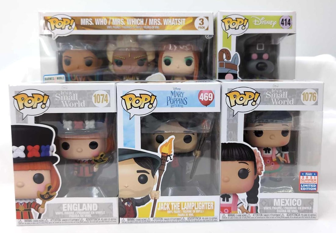 Funko Pop! vinyl figures New in original boxes: Funko Pop! vinyl figures, new in original boxes. Disney A Wrinkle in Time Three Pack; Mrs. Who, Mrs. Which and Mrs. Whatsit. 414 Disney, Quaildog. 469 Mary Poppins Returns, Jack the Lamplighter. 1074