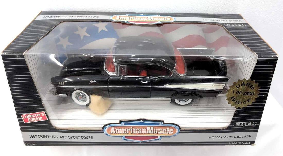 Ertl 1:18 die-cast American Muscle 7437 '57 Bel Air MIB: Ertl Collectibles 1:18 scale die-cast American Muscle 7437 1957 '57 Chevy Bel Air MIB. Car is Mint in original box, open box, may or may not have been removed from box. Box shows minor signs of displa