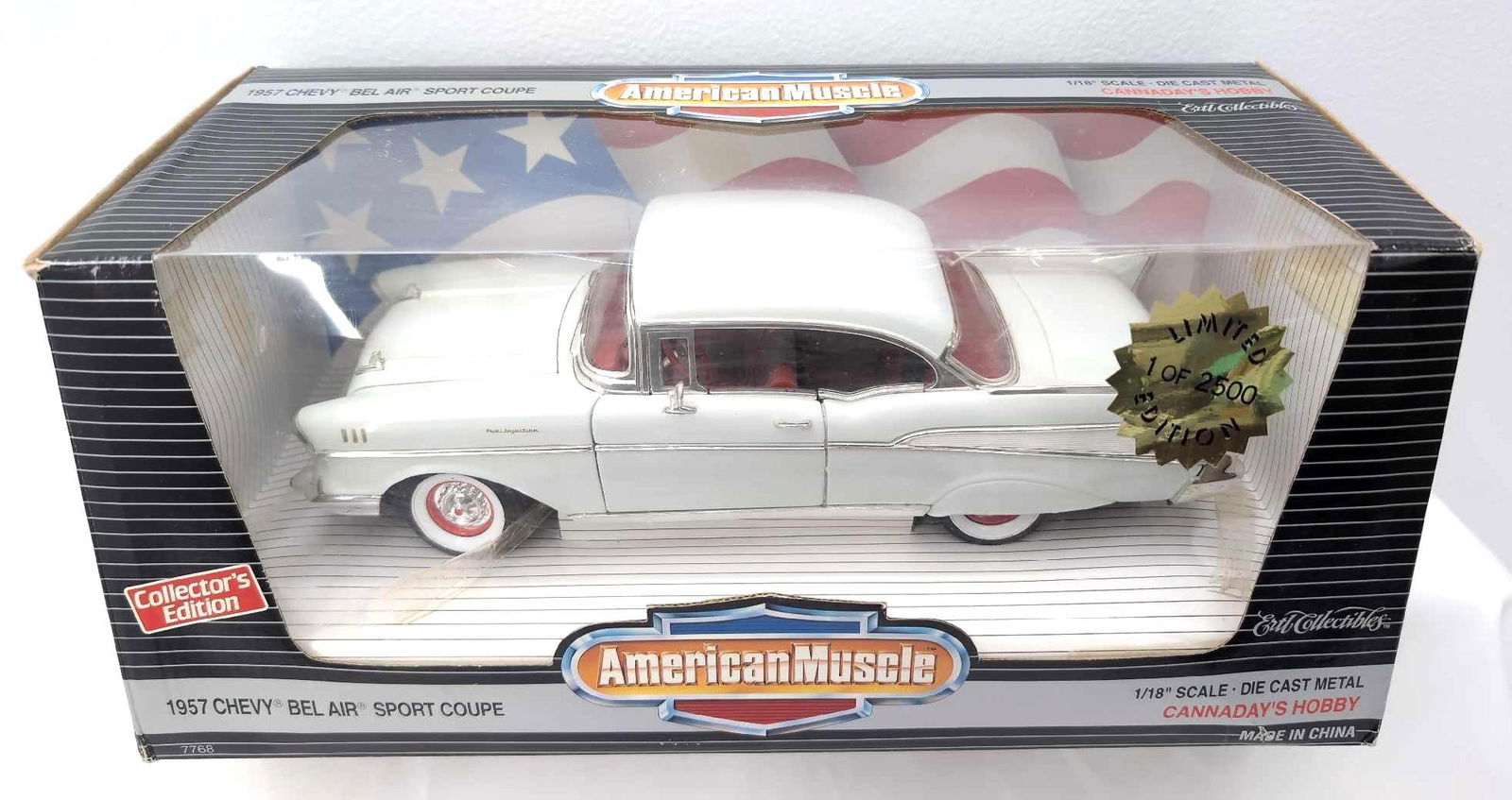 Ertl 1:18 die-cast American Muscle 7768 '57 Chevy MIB: Ertl Collectibles 1:18 scale die-cast American Muscle 7768 white '57 1957 Chevy Bel Air Sport Coupe MIB. Car is Mint in original box, open box, may or may not have been removed from box. Box shows min