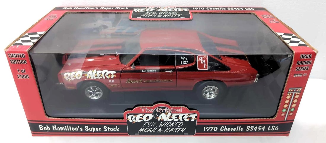 Ertl 1:18 29108 Bob Hamilton's Super Stock Chevelle MIB: Ertl Collectibles 1:18 scale die-cast 29108 Bob Hamilton's Super Stock Red Alert 1970 Chevrolet Chevelle SS454 LS6 MIB with literature. Car is Mint in original box, open box, may or may not have been 