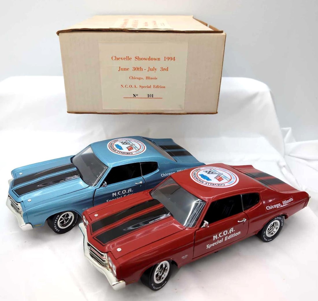 Ertl 1:18 die-cast N.C.O.A. Chevelle No. 101: Ertl Collectibles 1:18 scale die-cast N.C.O.A. Special Edition National Chevelle Owners Association 1994 Chevelle Showdown No. 101. Cars look displayed, but look fantastic with no chips or scratches, 