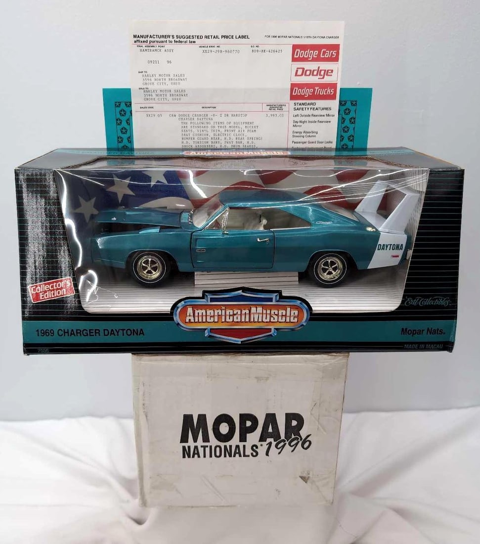 Ertl 1:18 American Muscle 7036 69 Daytona 1996 Nats: Ertl Collectibles 1:18 scale die-cast American Muscle 7036 1969 Dodge Charger Daytona with COA literature for the 1996 Mopar Nationals in original shipping box. Build sheet shows VIN XX29-J9B-960770. 
