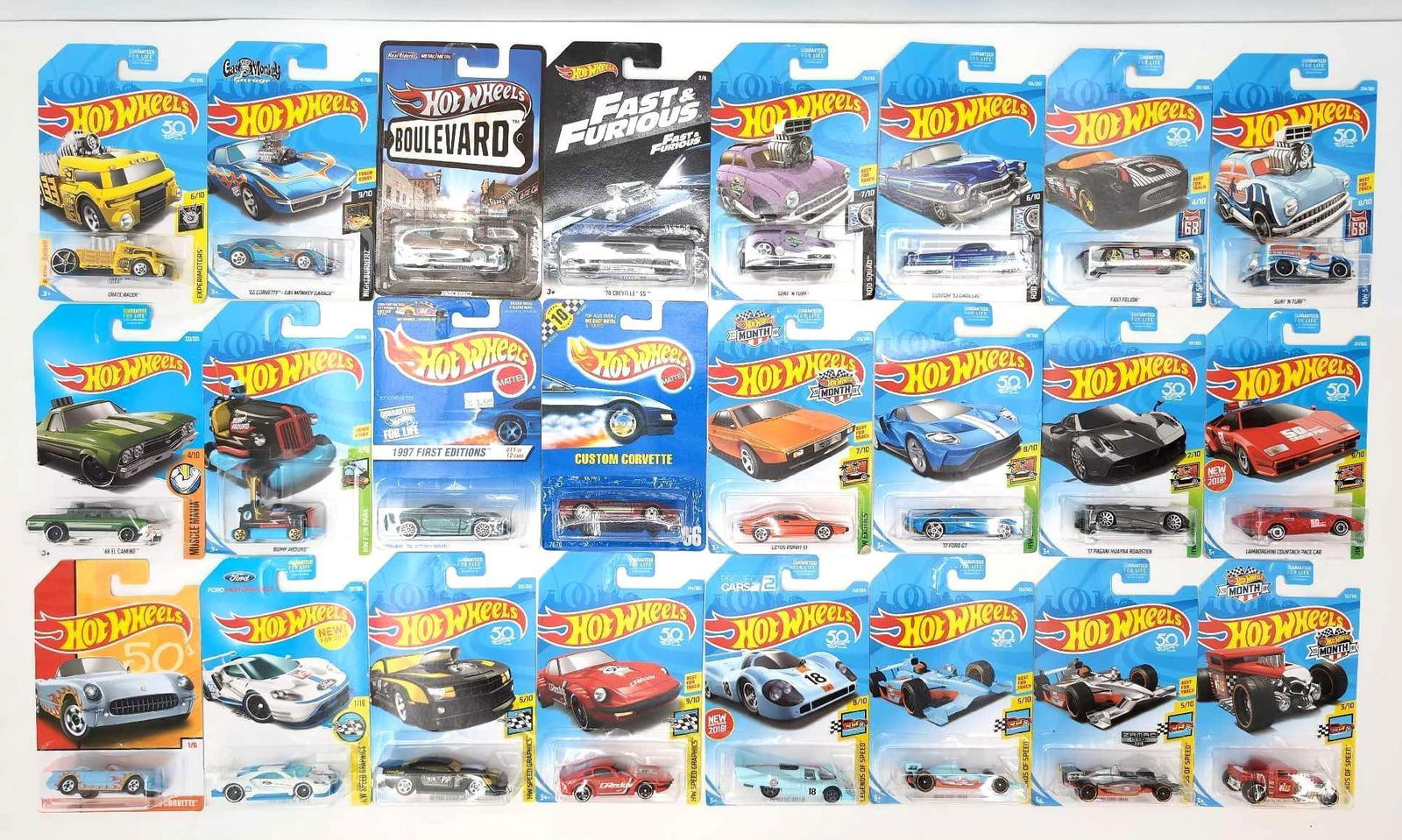 Hot Wheels MOC Lot Of 24 HW Exotics Legends Of Speed HW Sport and More: Hot Wheels MOC lot of twenty-four HW Exotics, Legends Of Speed, HW Sport and More die-cast vehicles. This lot includes, 2017 Night Burnerz 68 Corvette Gas Monkey Garage 41/365, 2017 HW Fun Park Bump A