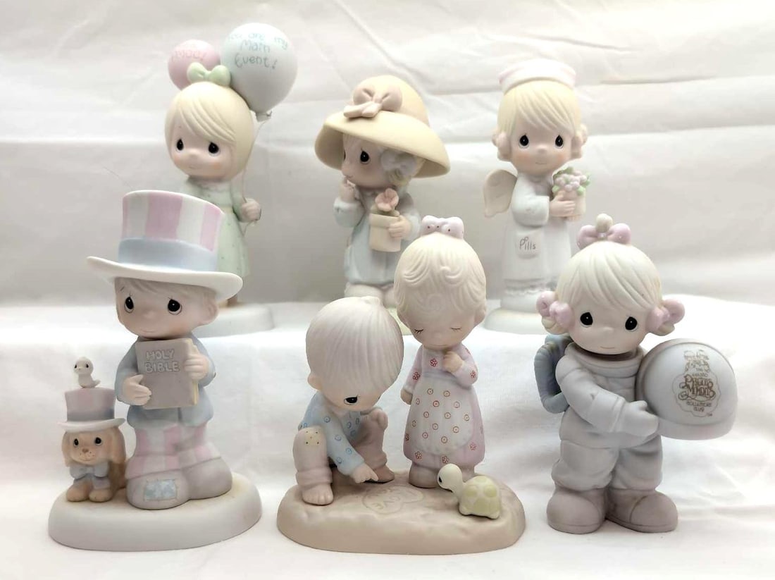 Precious Moments 6 Angel Of Mercy Happy Birthday Poppy and More: Precious Moments lot of six Angel Of Mercy, Happy Birthday Poppy and More. This lot includes; You Are My Main Event 115231, God Bless America 102938, Thou Art Mine E-3113, Angel Of Mercy (missing back