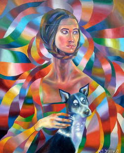 Lady with an Ermine Dog: A rescued blind dog and his 'Mom', original artwork by MJ Yunko Materials & Techniques: Oil on Canvas