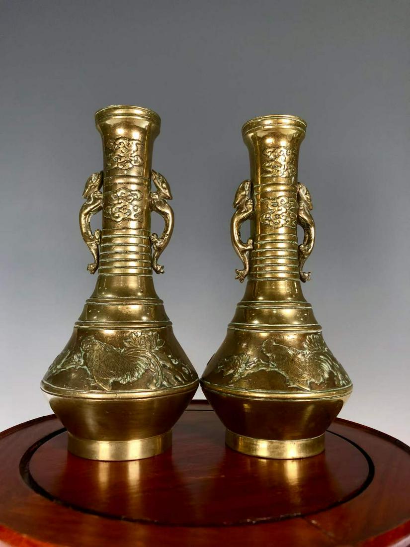 A pair of bronze engraved auspicious double dragon ear long neck vases in the Republic of China (1 of 8)