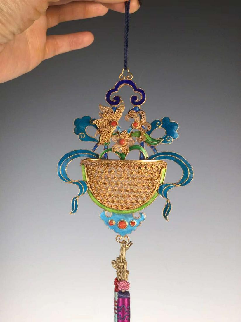 Super beautiful! Sterling silver gilt flower silk inlay with old brocade ear carry flower basket (1 of 6)