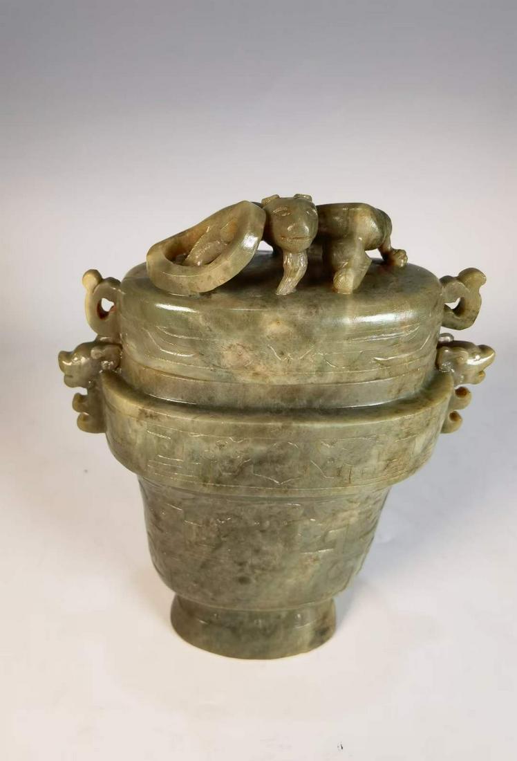 Hotan jade carving in the period of foreign exchange earning Taotie pattern dragon button double ear (1 of 8)