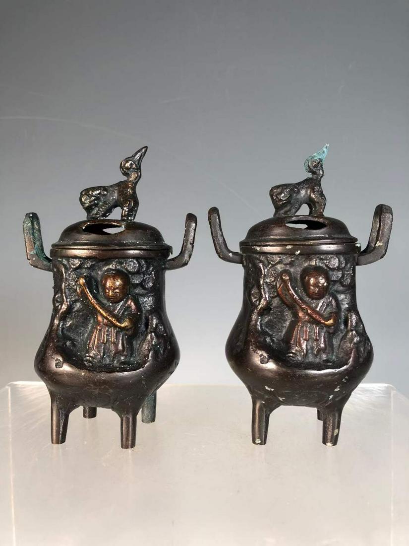 Republic of China bronze cast boy pattern lion button two ear fragrance pair (1 of 9)