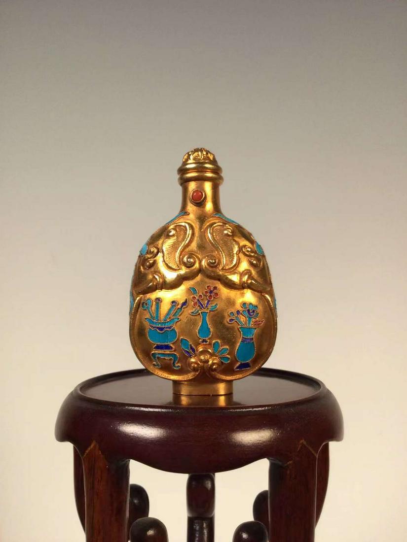 Sterling Silver gilded carved and Inlaid Turquoise snuff bottle (1 of 6)