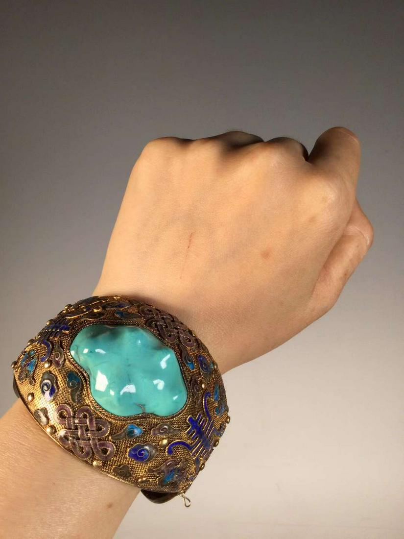 Sterling Silver gilded burnt blue filigree inlaid pine stone blessing and longevity Bracelet in the (1 of 9)