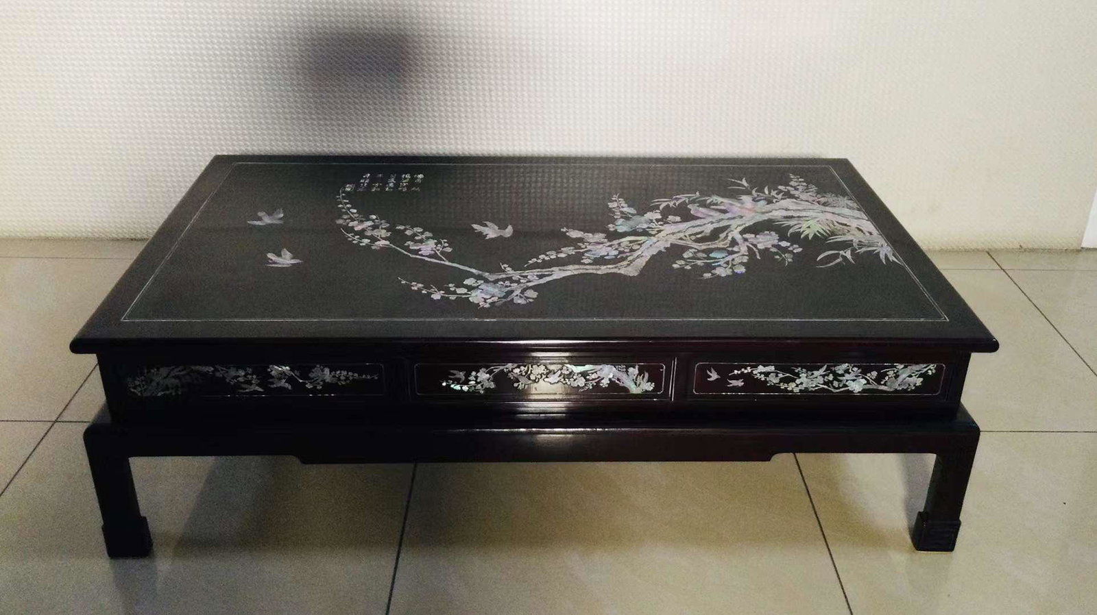 Multi purpose. Wooden bodied large lacquer inlaid with mother of pearl, flowers and birds, poems and (1 of 9)