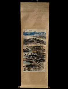 The signature is a Chinese landscape painting by Fang Jizhong.: Core size 50X97cm ? Fang Jizhong (June 11, 1923- July 18, 1987), also known as Xuenong, was a modern painter from Mian County, Shaanxi Province. In 1946, he studied under Zhao Wangyun and later engage