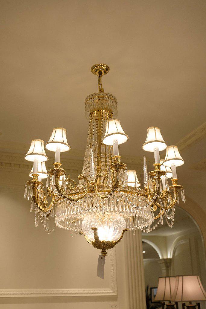 Chandelier 10 arm polished brass w/crystals and shades (1 of 7)