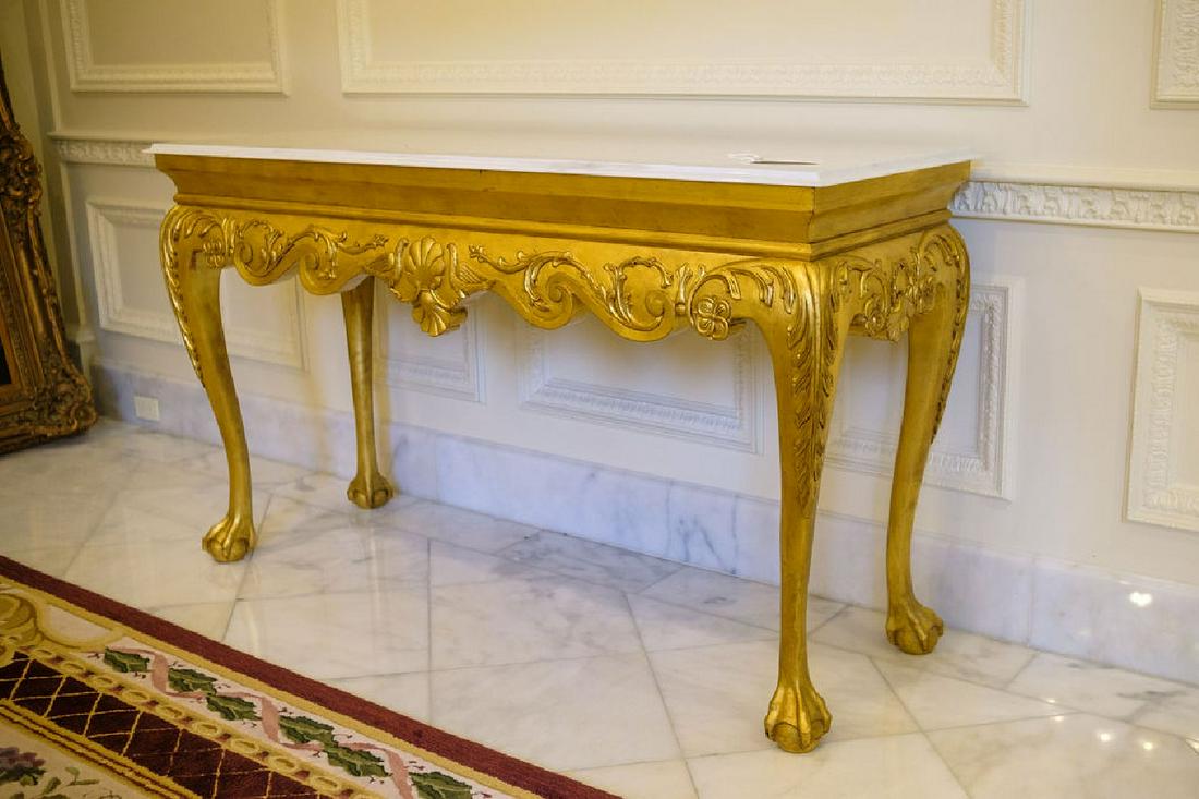 Console table gilted with acanthus carved knee: Console table gilted with acanthus carved knee, white marble top w/beveled edge, Approx. 37" H x 24"D x 65"W