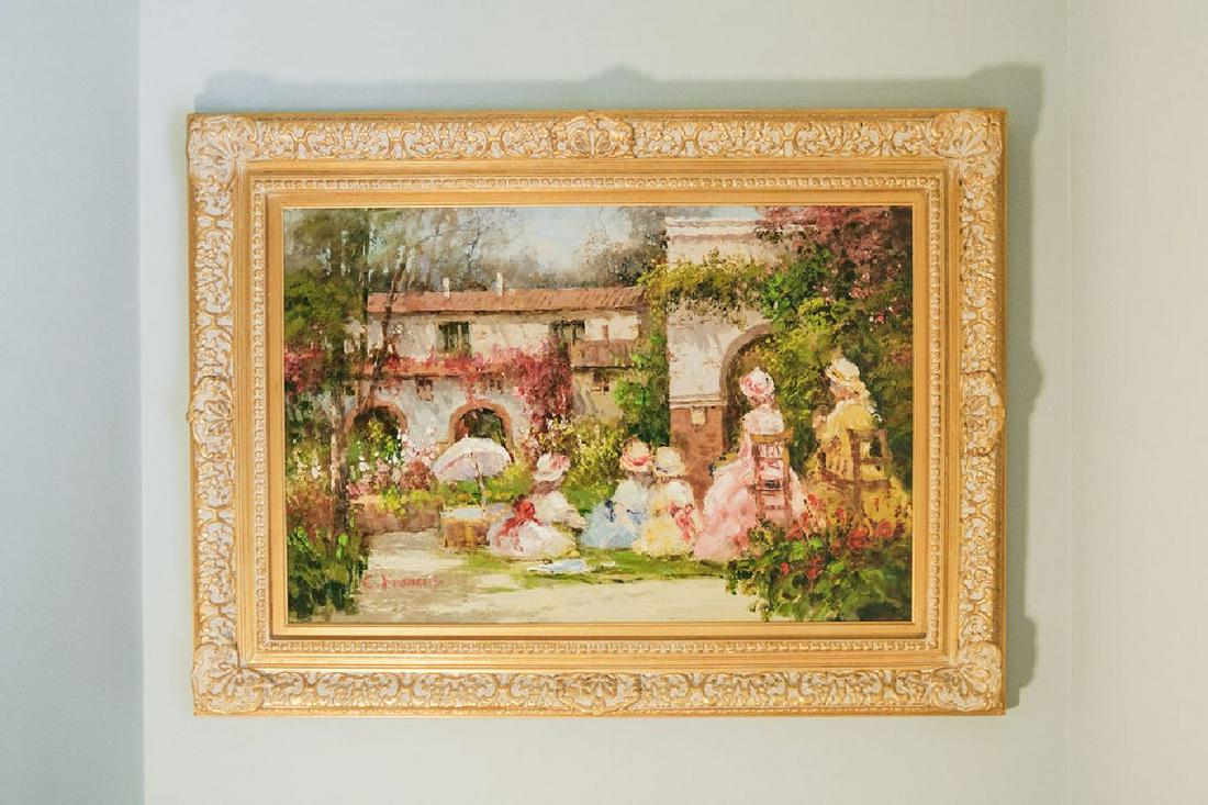 Painting: Painting, C Francois signed of a court yard scene with women and children, Approx. 33"H x 45"W